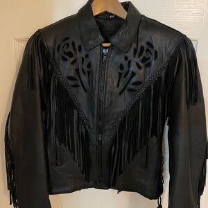 Barneys New York Black Leather Jacket with Fringe and Cutout Design